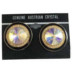 Aurora Borealis Rivioli Austrian Crystal Channel Set Clip on Earrings Gold Tone